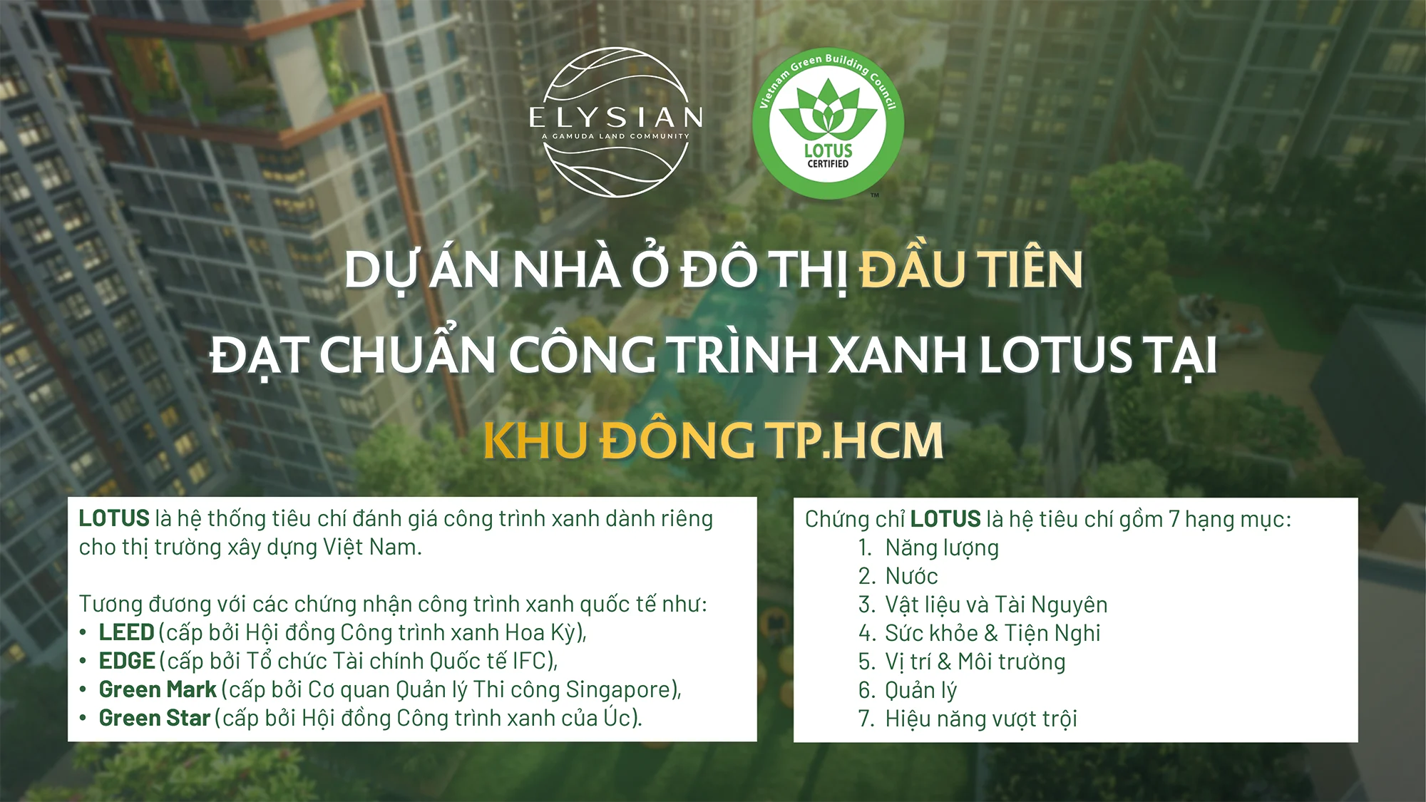 Chứng chỉ công trình xanh LOTUS của dự án nhà ở đô thị Elysian khu Đông TP.HCM
