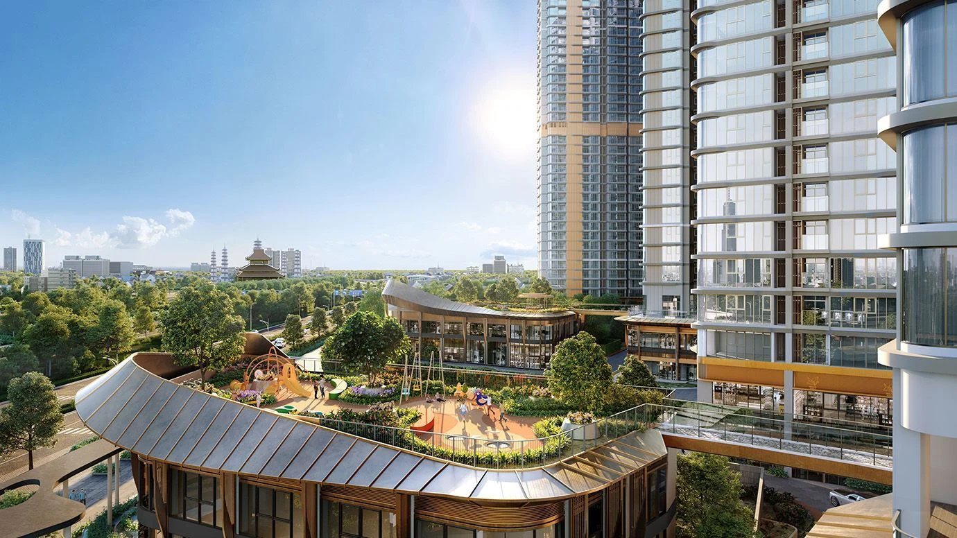 Sân chơi trẻ em với cầu trượt và xích đu trên nóc khối đế thương mại Eaton Park