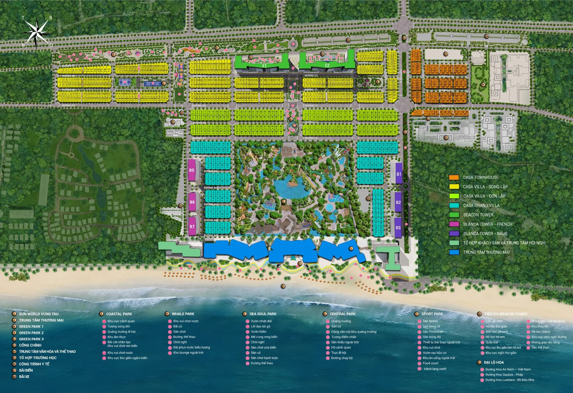 Bản đồ quy hoạch mặt bằng tổng thể dự án Blanca City thể hiện chi tiết các phân khu cao tầng, thấp tầng và hệ thống tiện ích nội khu.