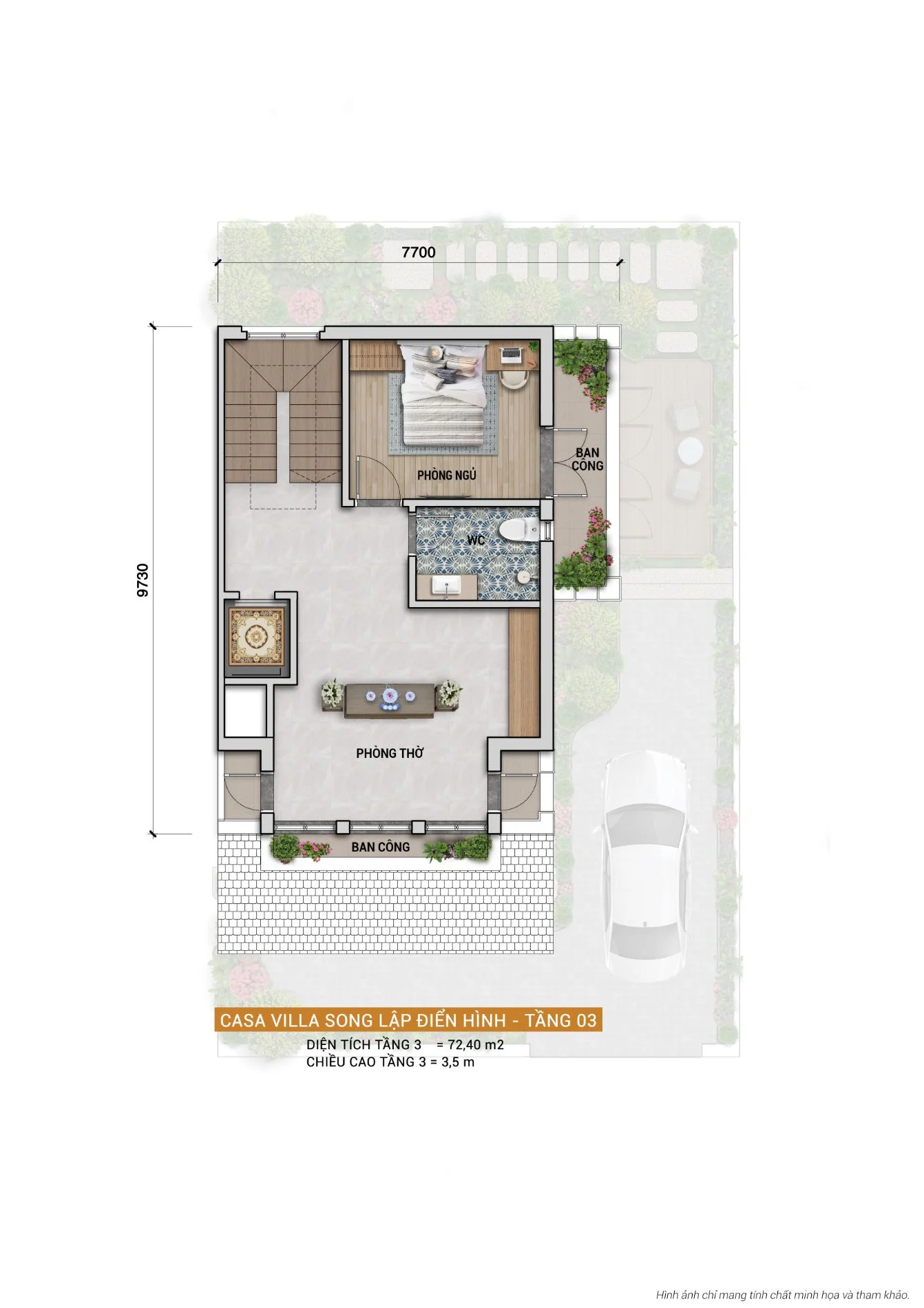 Bản vẽ mặt bằng tầng 3 biệt thự song lập Casa Villa tích hợp phòng thờ và ban công lớn