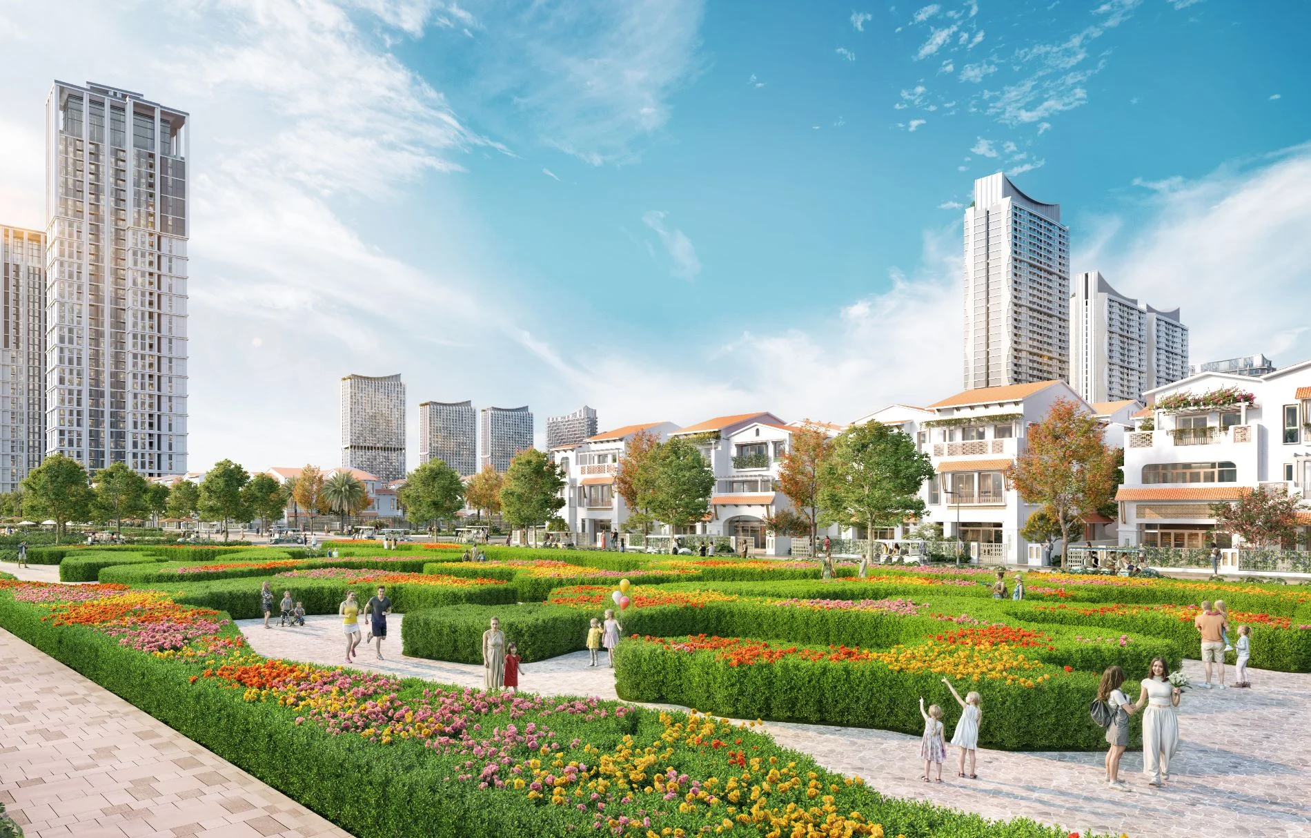 Khu vườn hoa đa sắc màu đan xen giữa các tòa tháp Blanca Tower