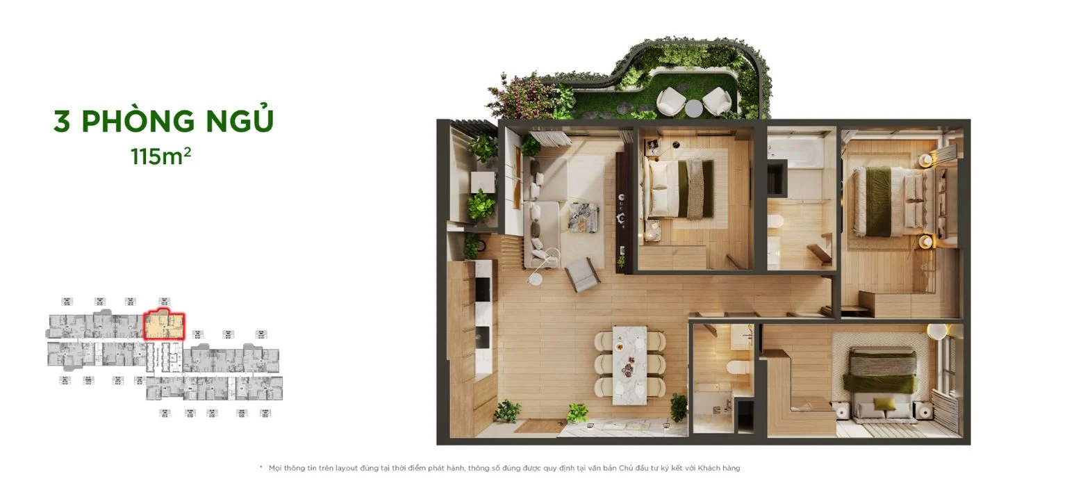 Chi tiết mặt bằng layout căn hộ 3 phòng ngủ lớn nhất 115m2 Sky Retreat Ecopark