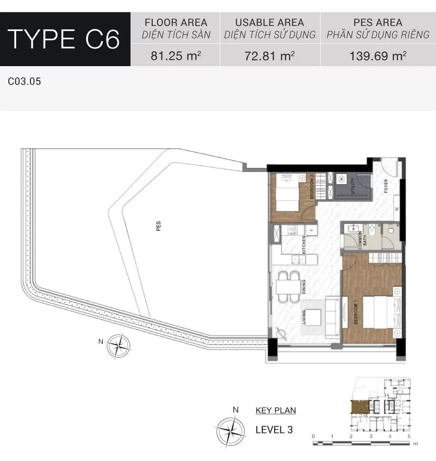 Mặt bằng layout căn hộ The Berkley 2 phòng ngủ Type C6 sân vườn PES 139.69m2