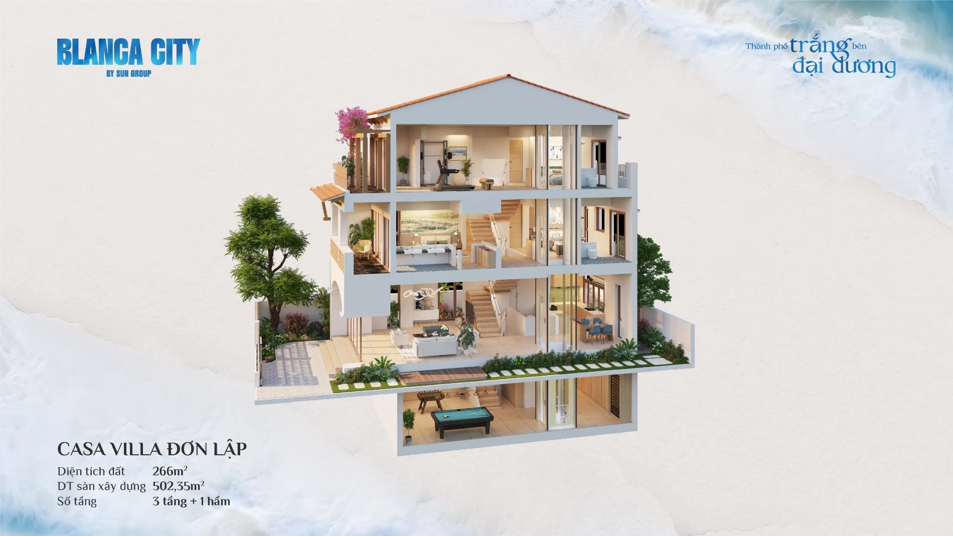 Bản vẽ mặt cắt 3D Casa Villa Đơn Lập diện tích 266 m2 tại khu đô thị biển Blanca City.