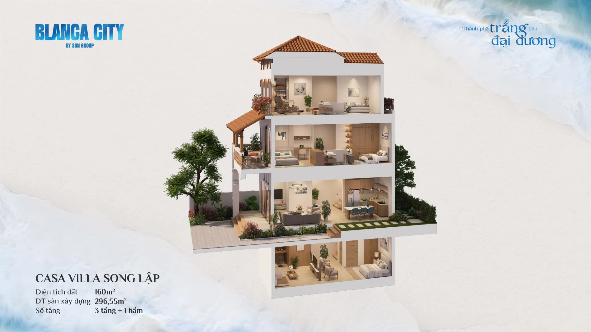 Thiết kế mặt cắt 3D chi tiết không gian bên trong Casa Villa Song Lập 3 tầng 1 hầm dự án Blanca City.