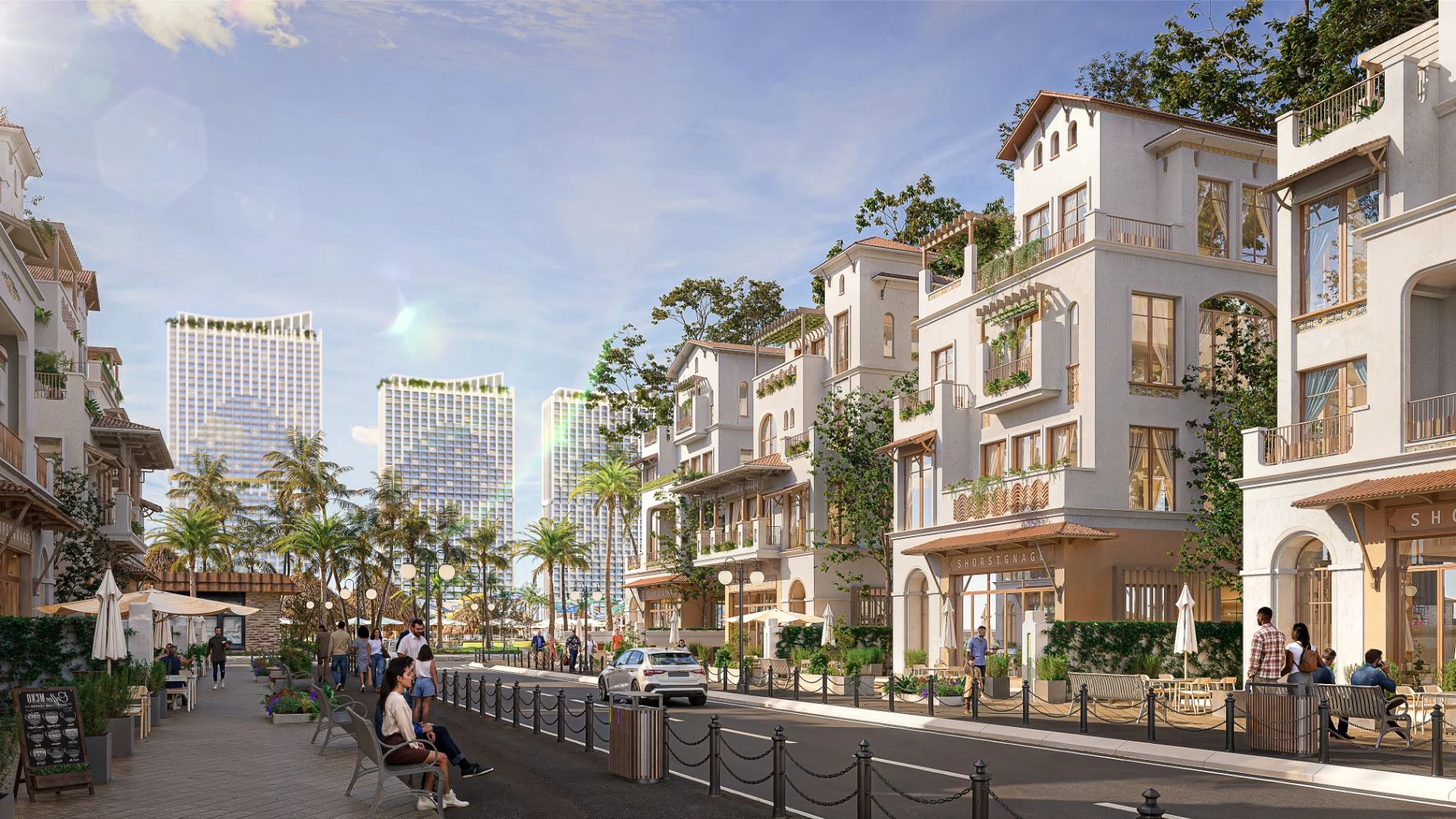 Dãy shophouse mang kiến trúc Địa Trung Hải với các cửa hàng cà phê, thời trang tại Casa Villa Vũng Tàu.