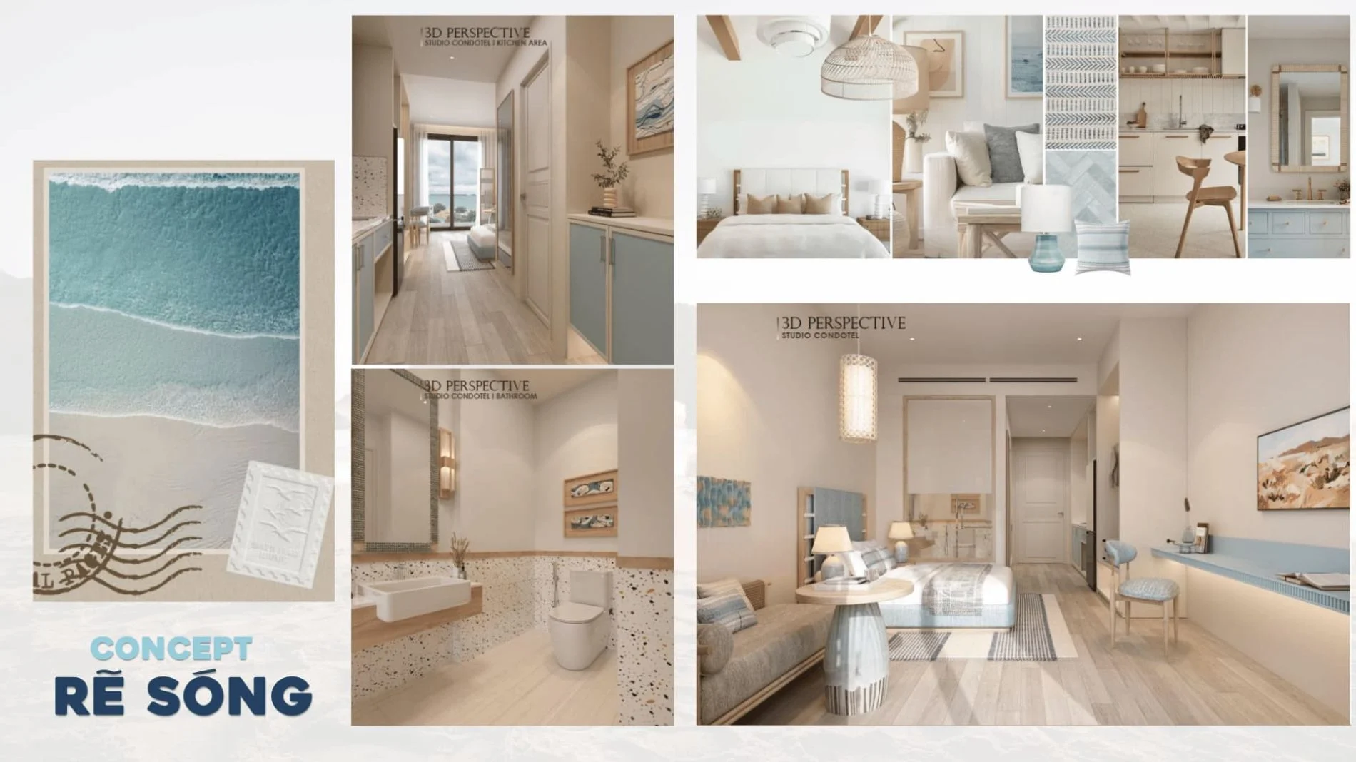 Phối cảnh 3D thiết kế nội thất Concept Rẽ Sóng cho căn hộ Studio tại Blanca Tower tối ưu không gian