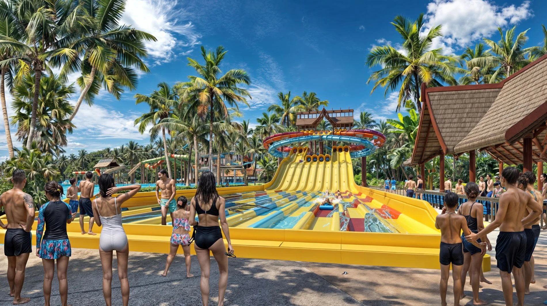 Du khách tham gia trò chơi máng trượt nước màu vàng tại Sun World.