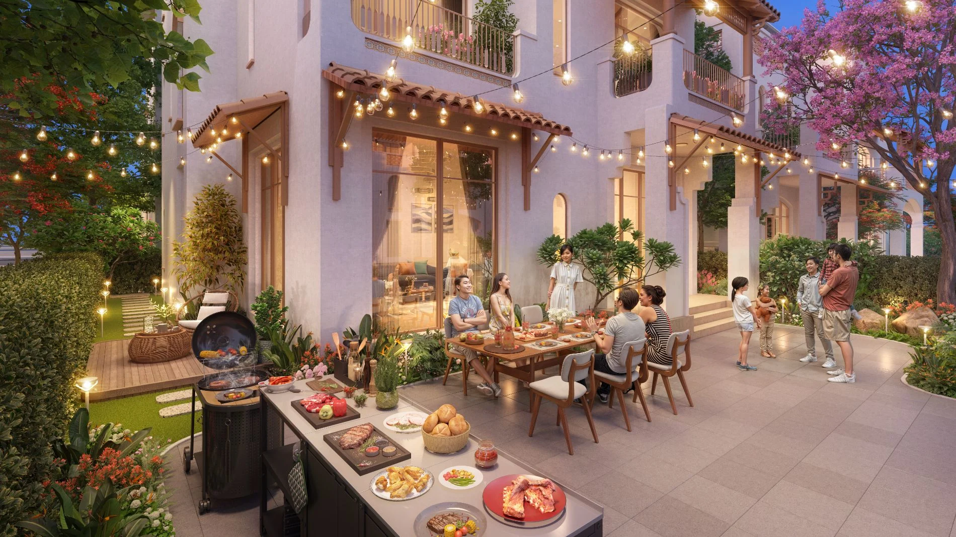 Nhóm bạn bè và gia đình đang tổ chức tiệc nướng BBQ ngoài trời tại sân vườn biệt thự Casa Villa Đơn Lập.