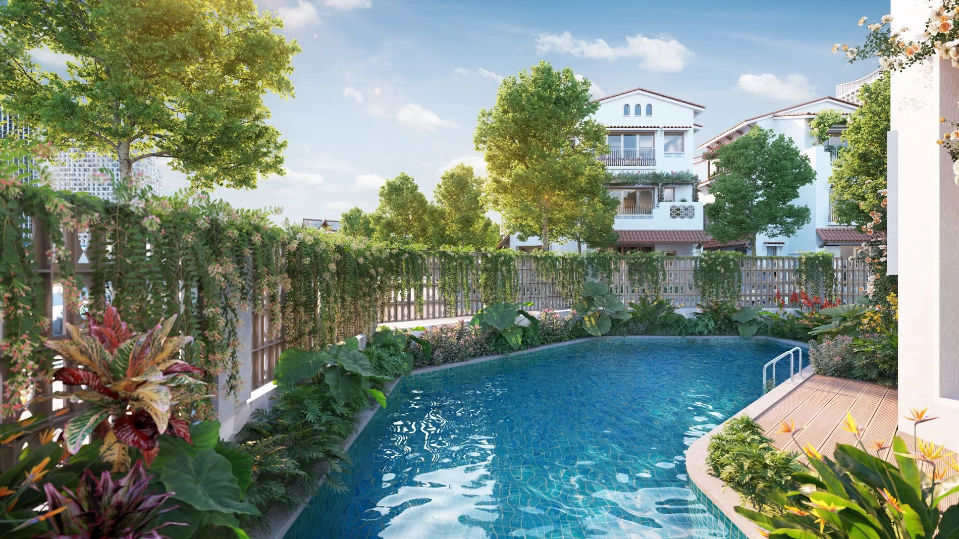Hồ bơi uốn lượn trong xanh nằm trong sân vườn của một căn biệt thự Casa Villa.