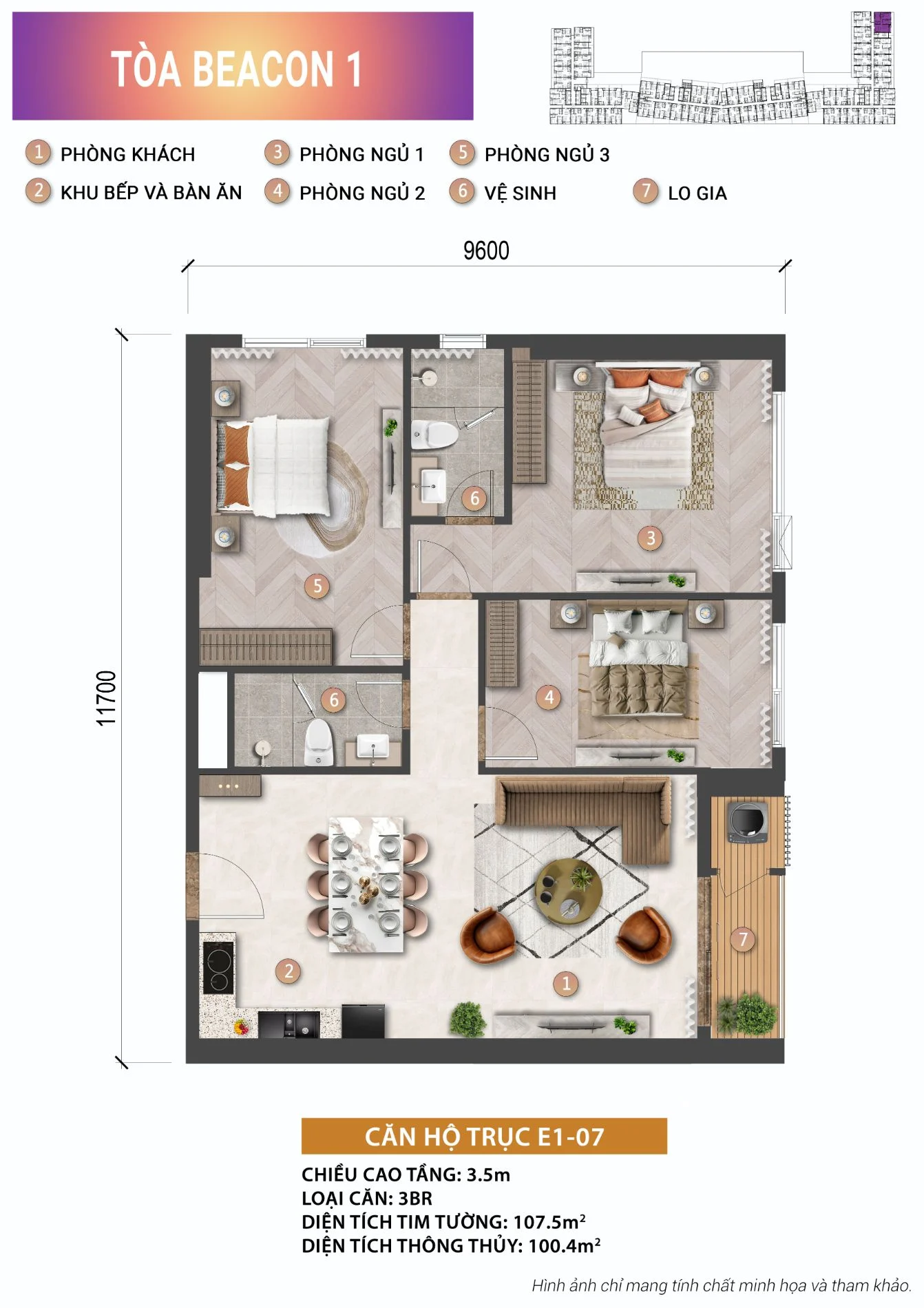 Bản vẽ thiết kế layout căn hộ 3 phòng ngủ diện tích 100.4m2 tại Beacon Tower