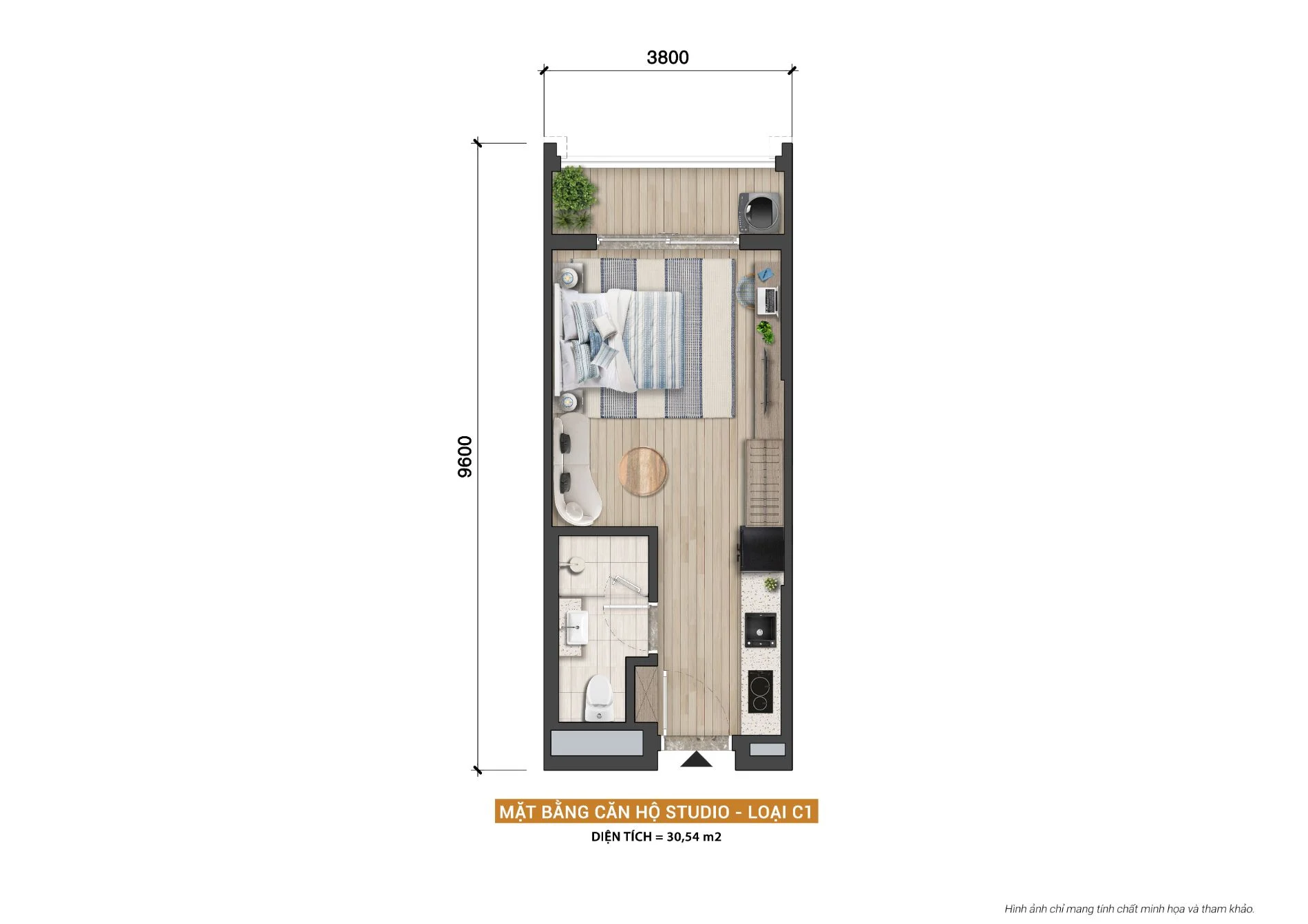 Bản vẽ thiết kế layout bóc mái căn hộ Studio loại C1 diện tích 30.54 m2 tại Blanca Tower
