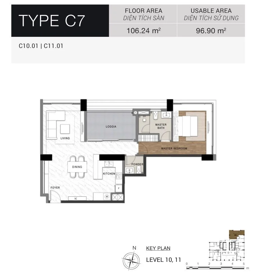 Mặt bằng layout căn hộ The Berkley 1 phòng ngủ Type C7 diện tích 106.24m2