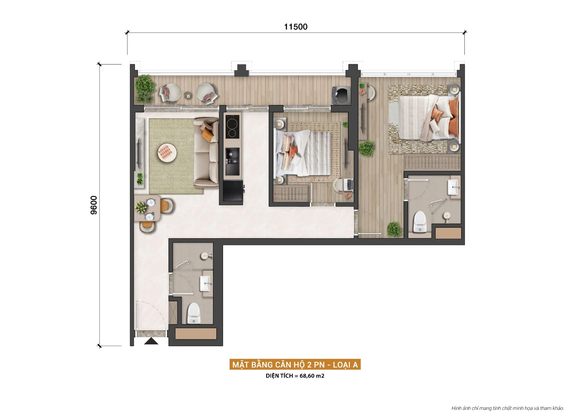 Sơ đồ 3D mặt bằng căn hộ 2 phòng ngủ loại A diện tích 68.60 m2 tại khu đô thị Blanca City.
