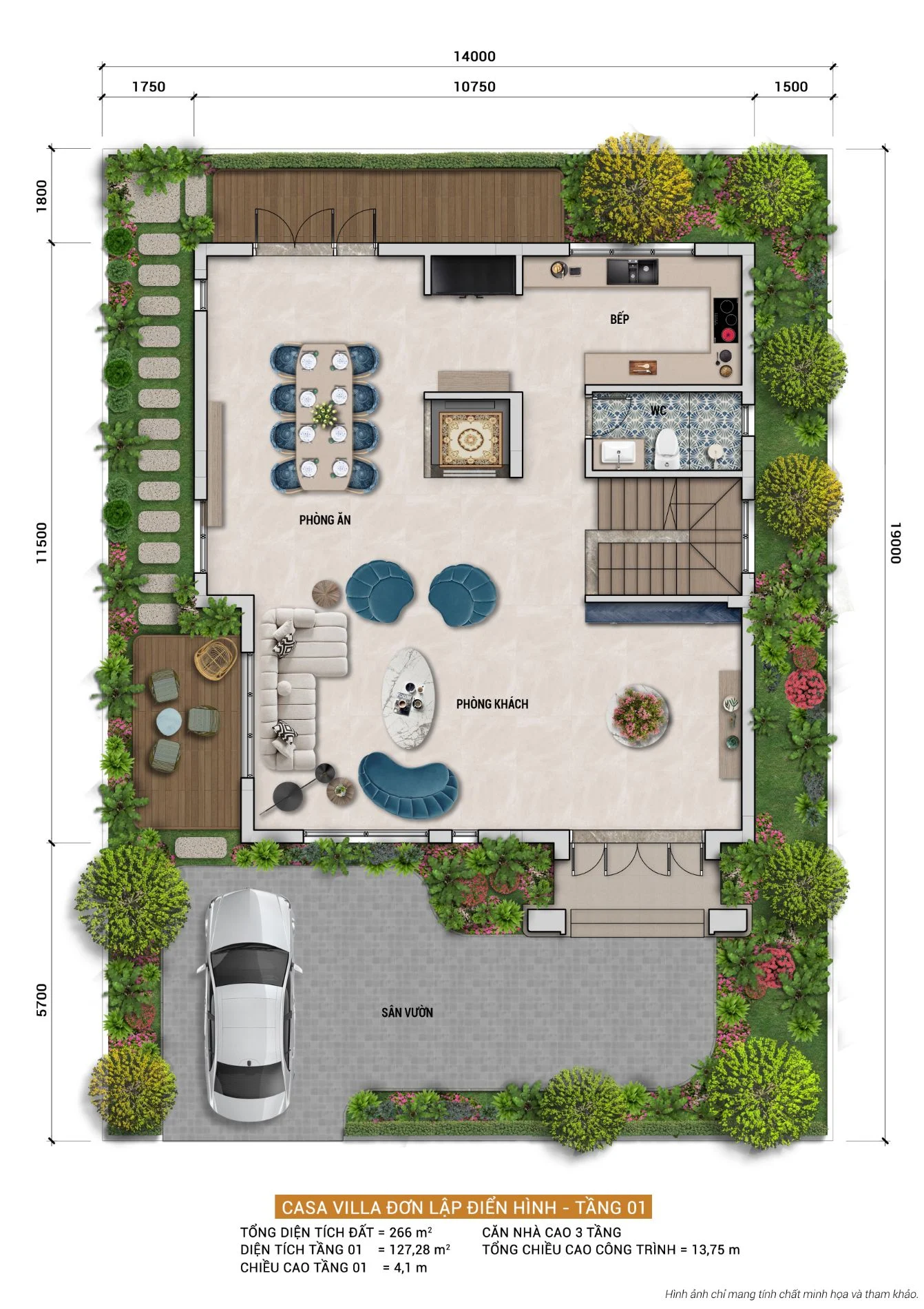 Bản vẽ mặt bằng thiết kế tầng 1 diện tích 127.28m2 của biệt thự Casa Villa Đơn Lập với không gian mở