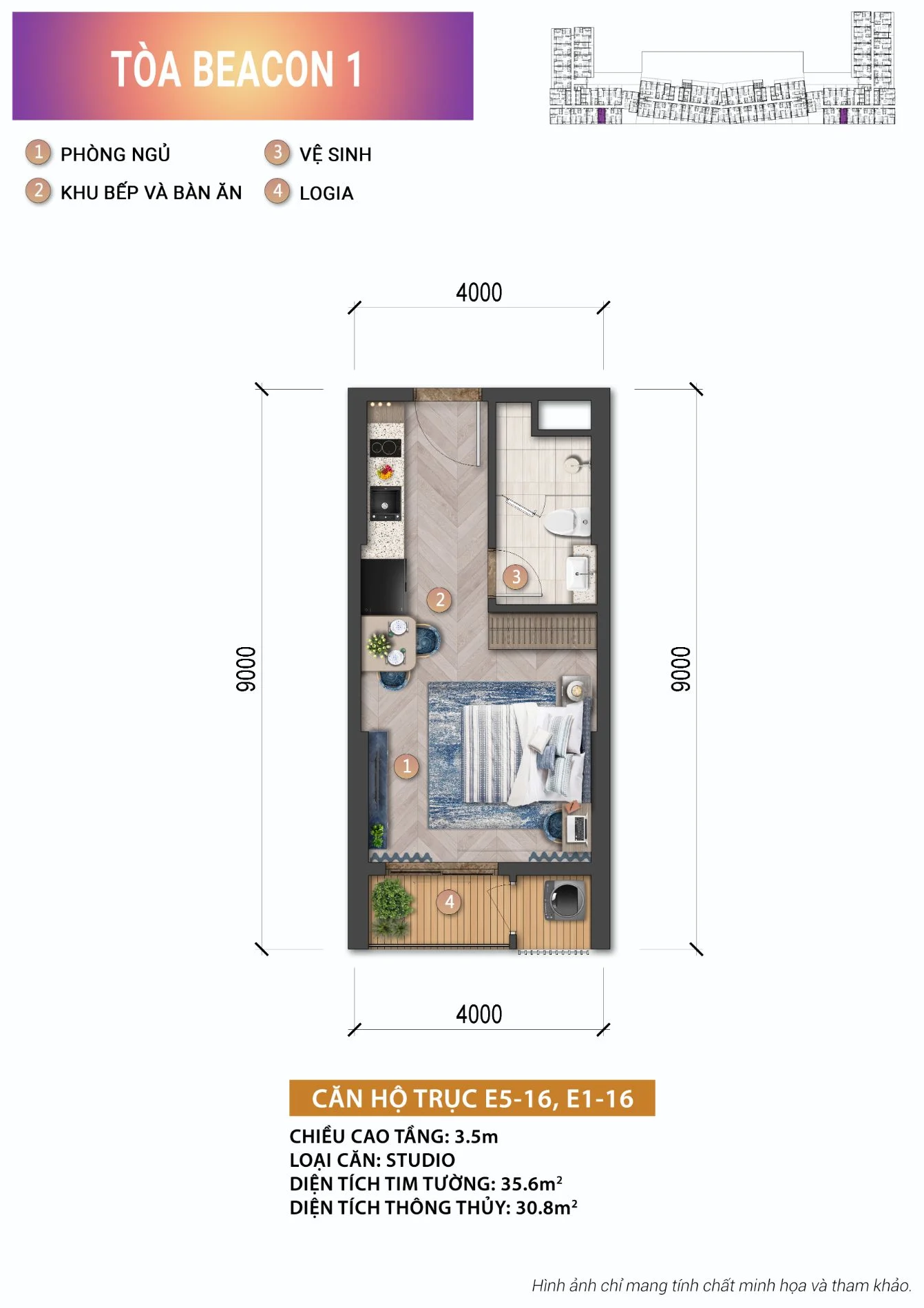Mặt bằng thiết kế căn hộ Studio tòa Beacon 1 dự án Beacon Tower