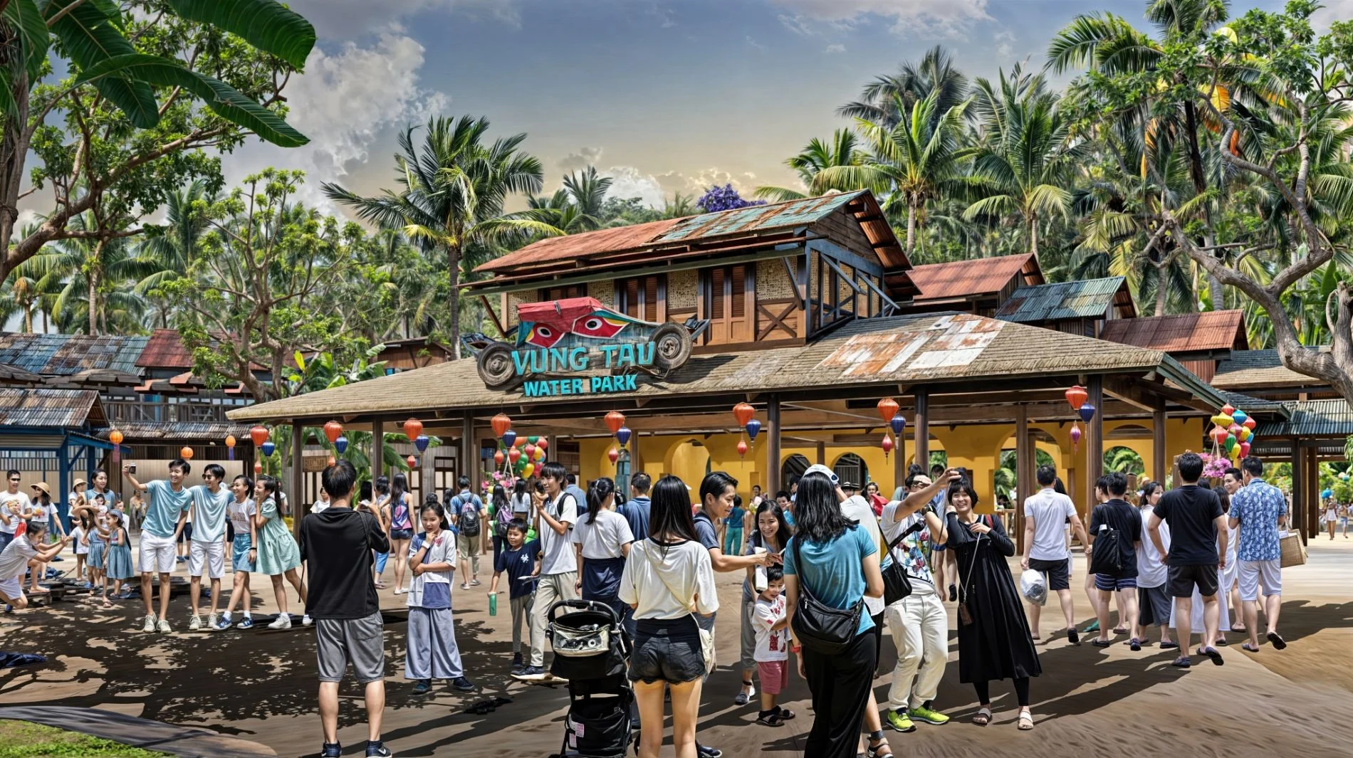 Du khách tấp nập tại khu vực cổng chính của Vũng Tàu Water Park thuộc hệ sinh thái tiện ích Casa Villa.