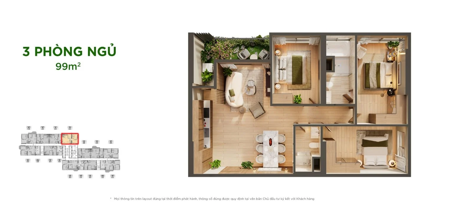 Chi tiết layout căn hộ 3 phòng ngủ diện tích 99m2 dự án Sky Retreat Bến Lức