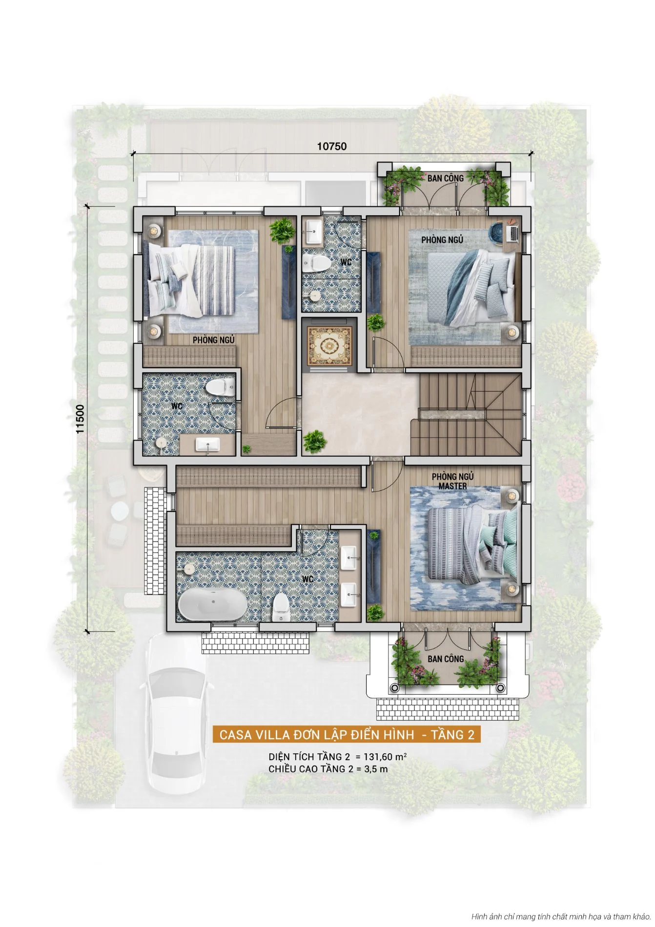 Bản vẽ mặt bằng thiết kế tầng 2 diện tích 131.6m2 của biệt thự Casa Villa Đơn Lập gồm các phòng ngủ master