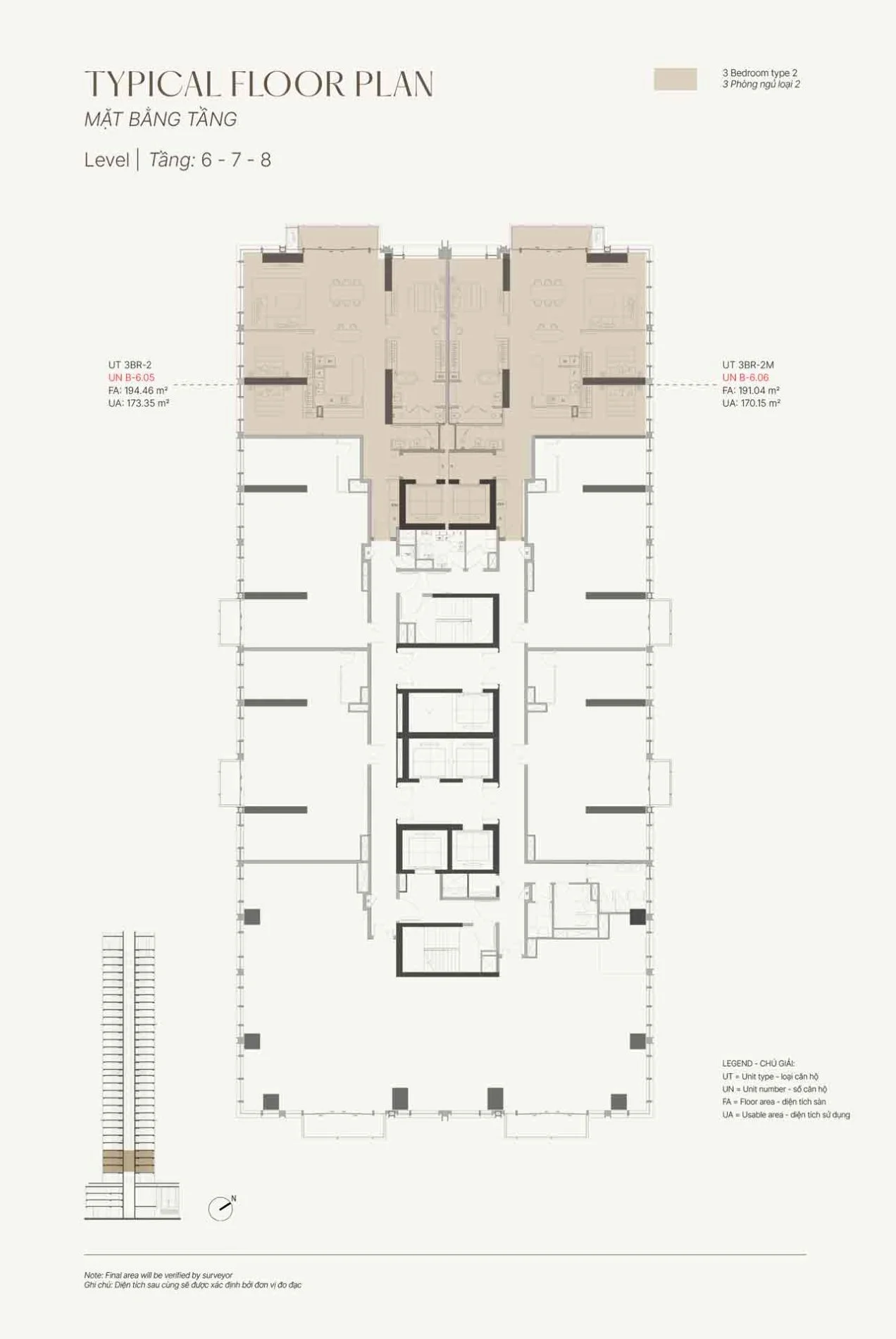 Mặt bằng tầng điển hình 6, 7, 8 The Opusk Residence với 2 căn hộ 3 phòng ngủ trên một sàn