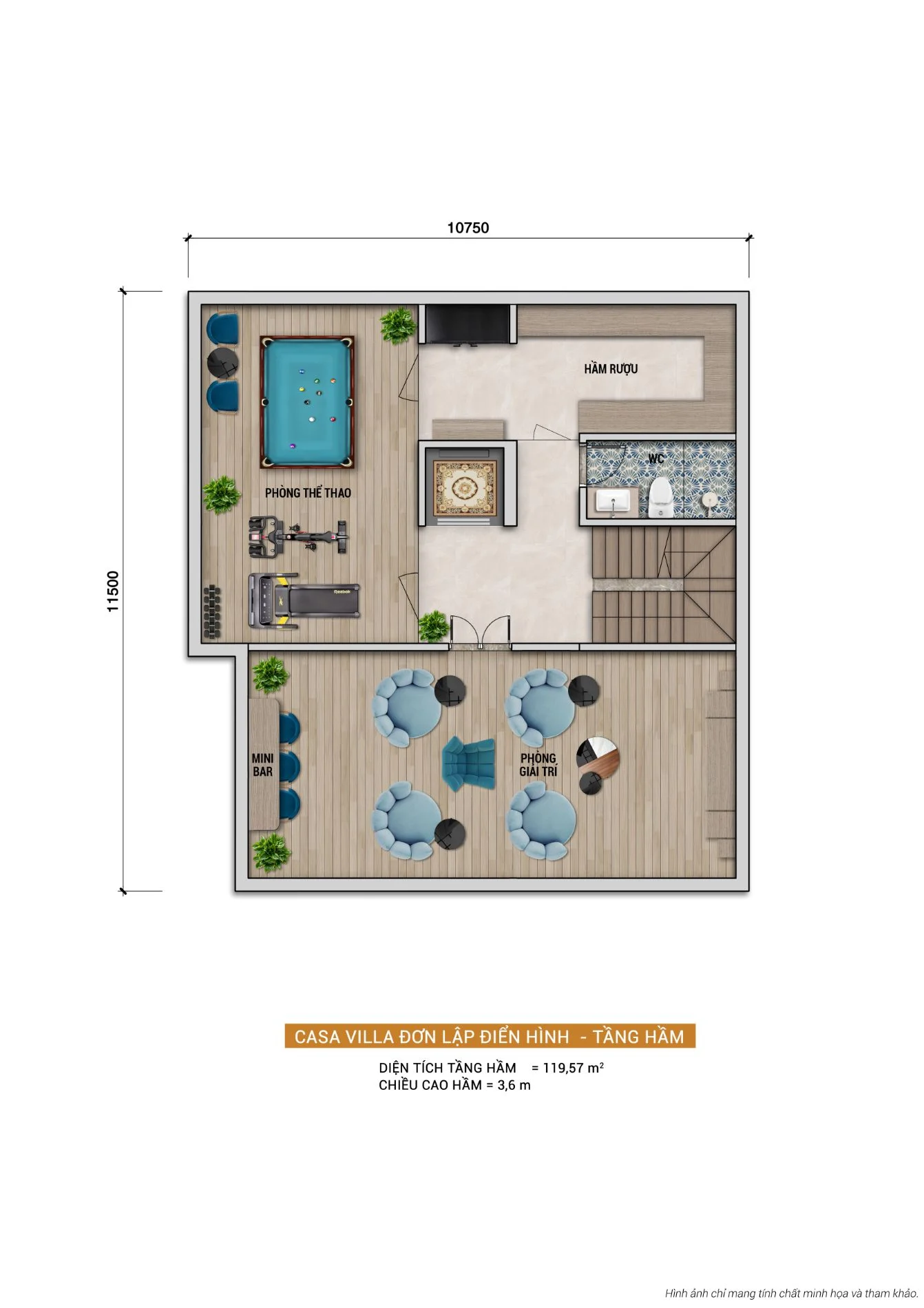 Bản vẽ mặt bằng thiết kế tầng hầm diện tích 119.57m2 của biệt thự Casa Villa Đơn Lập