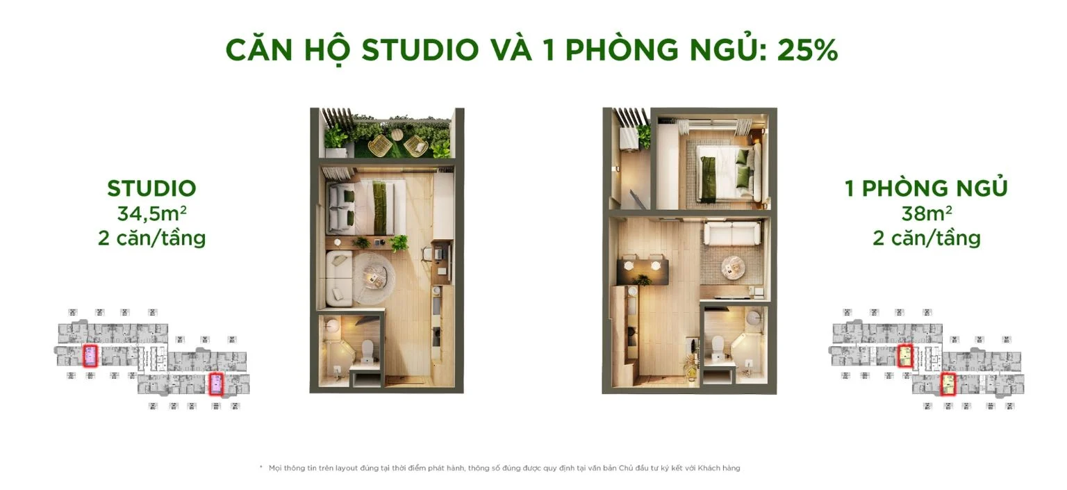 Bản vẽ 3D layout căn hộ studio 34.5m2 và 1 phòng ngủ 38m2 tại dự án Sky Retreat Ecopark