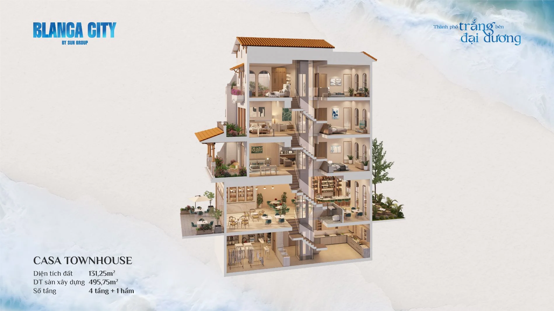 Phối cảnh mặt cắt đứng 3D của Casa Townhouse 4 tầng 1 hầm tại dự án Blanca City.