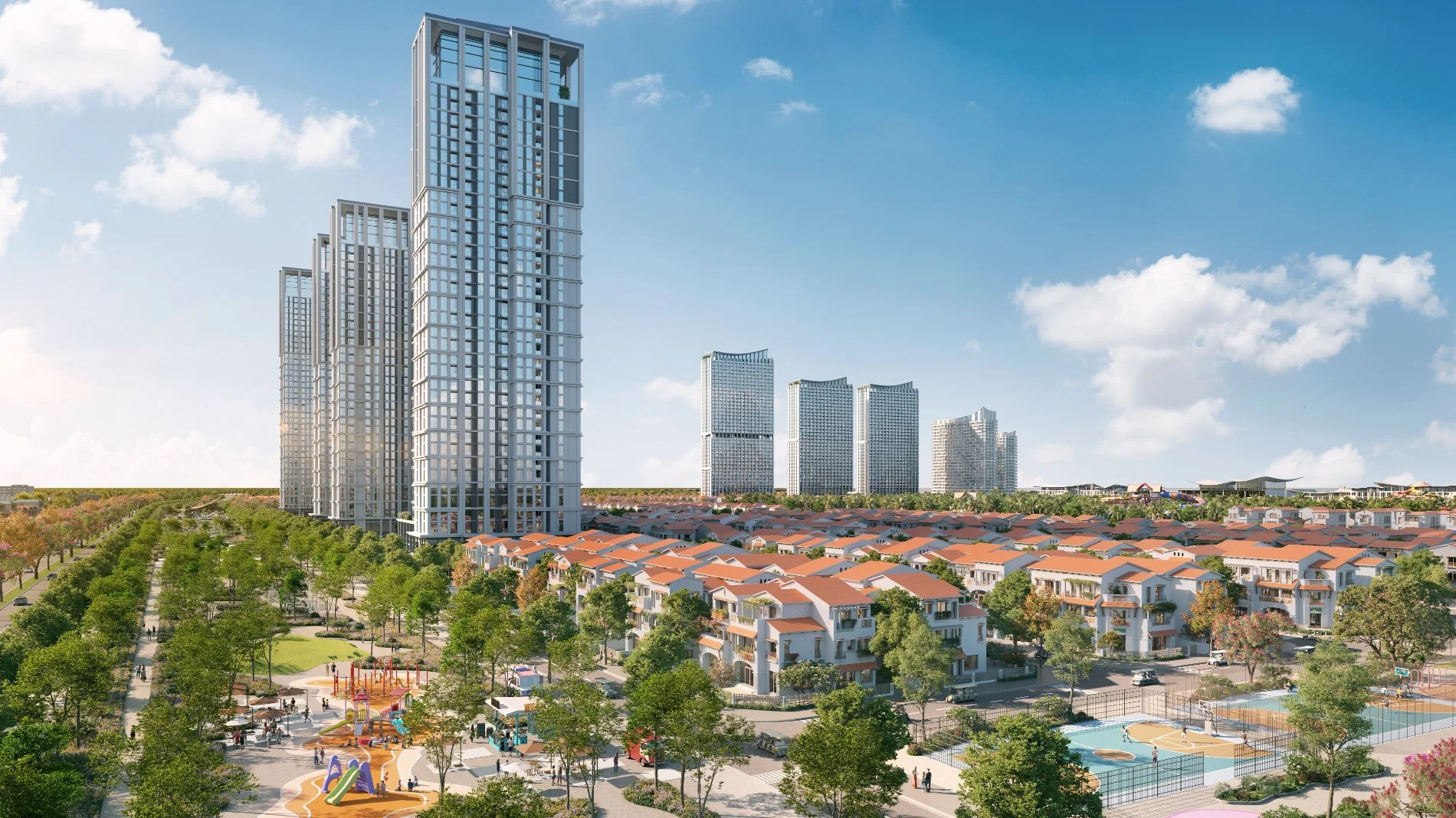 Tầm nhìn bao quát khu biệt thự Casa Villa Đơn Lập xen kẽ giữa các mảng xanh công viên và tháp cao tầng.