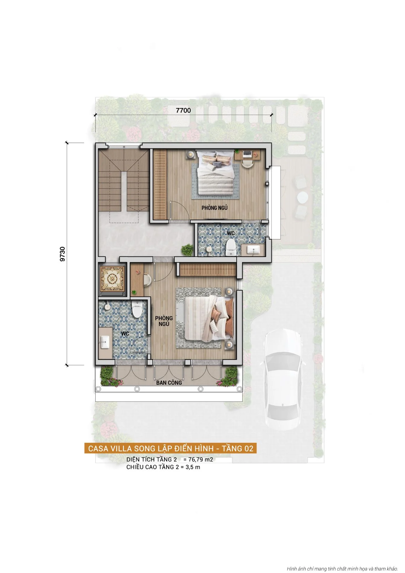 Sơ đồ bố trí công năng tầng 2 biệt thự song lập Casa Villa với các phòng ngủ khép kín