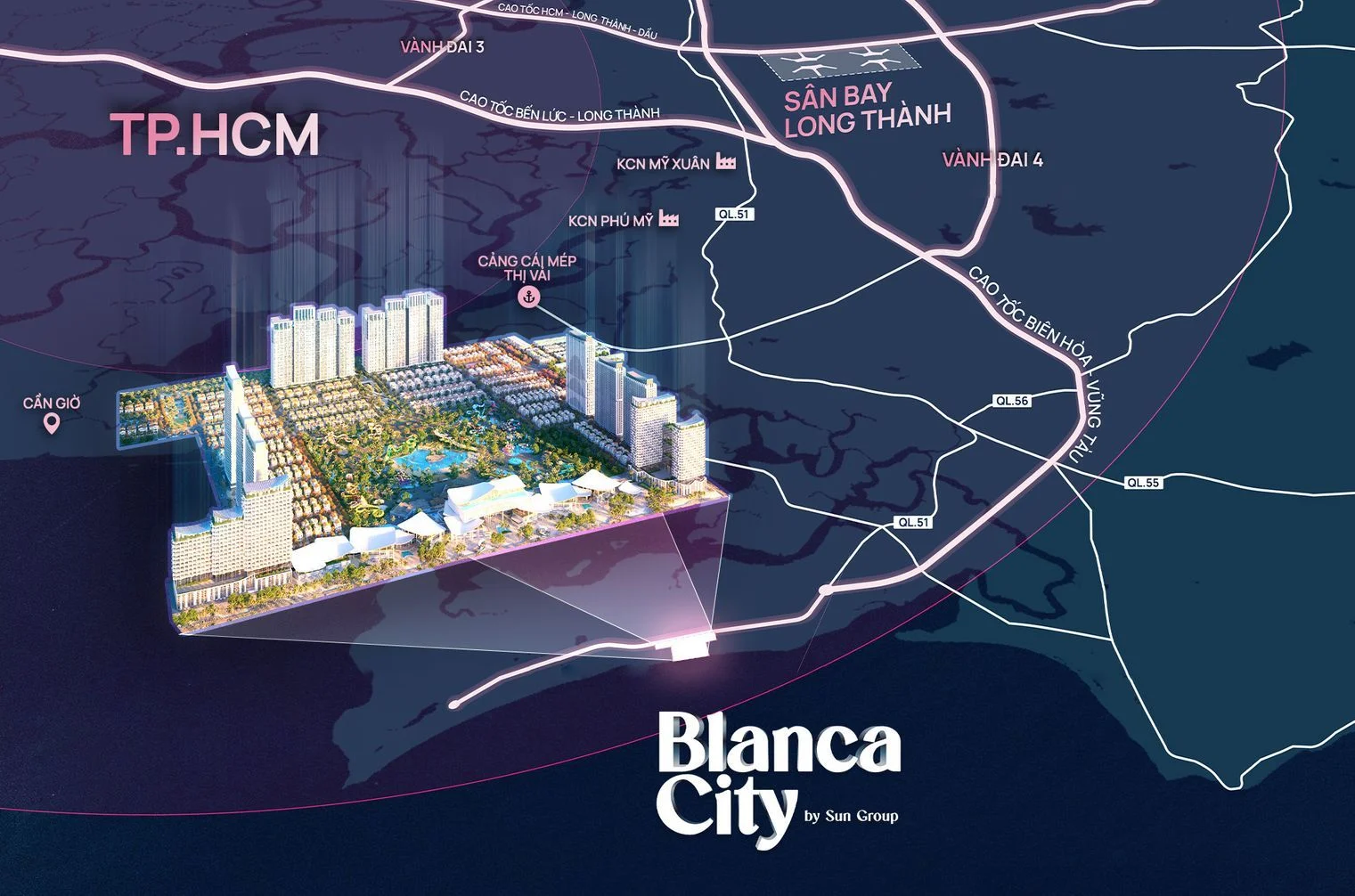 Bản đồ kết nối hạ tầng giao thông từ cao tốc Biên Hòa Vũng Tàu đến dự án Blanca City