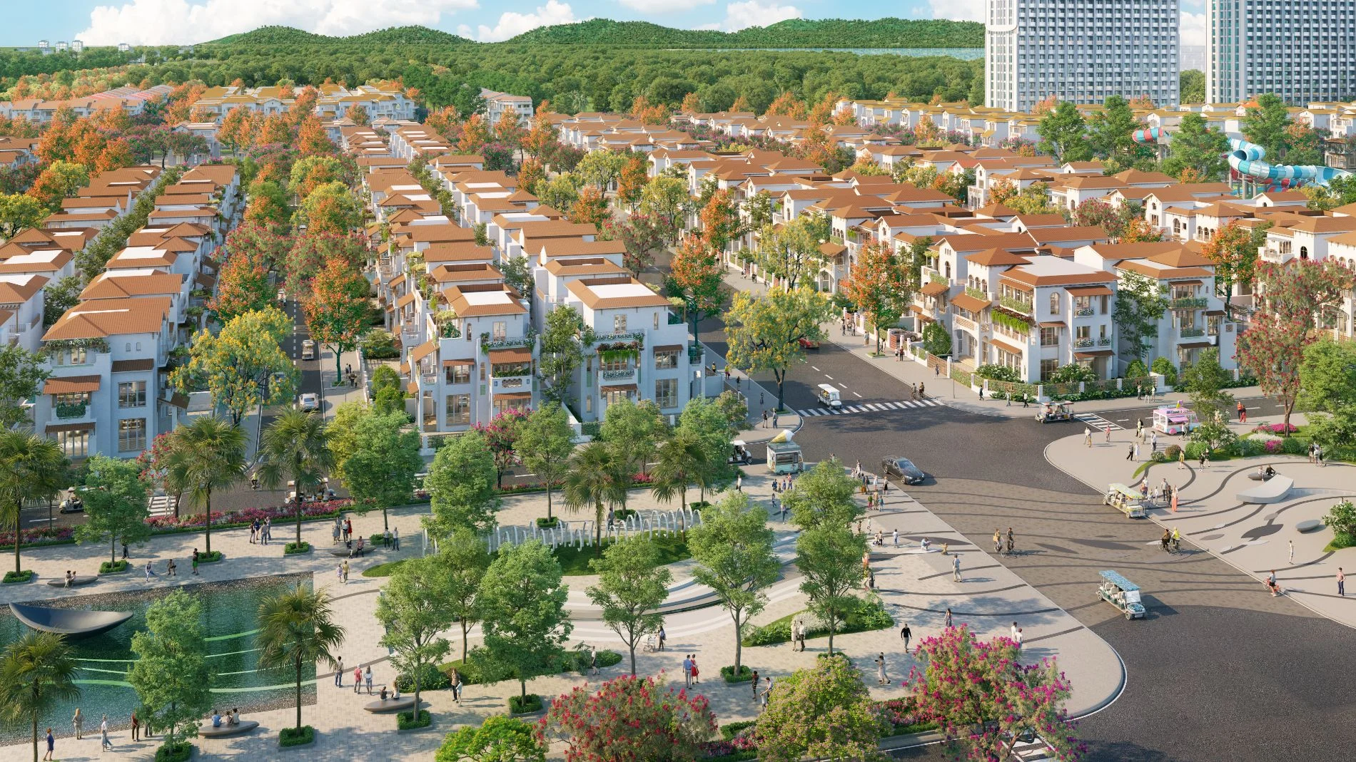 Đường giao thông nội khu rộng thoáng và cảnh quan xanh mát tại Biệt thự Song lập Casa Villa.