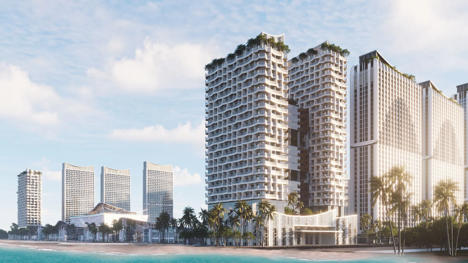 Tòa tháp cao tầng và khối đế bán lẻ sầm uất dọc bờ biển dự án Blanca City.