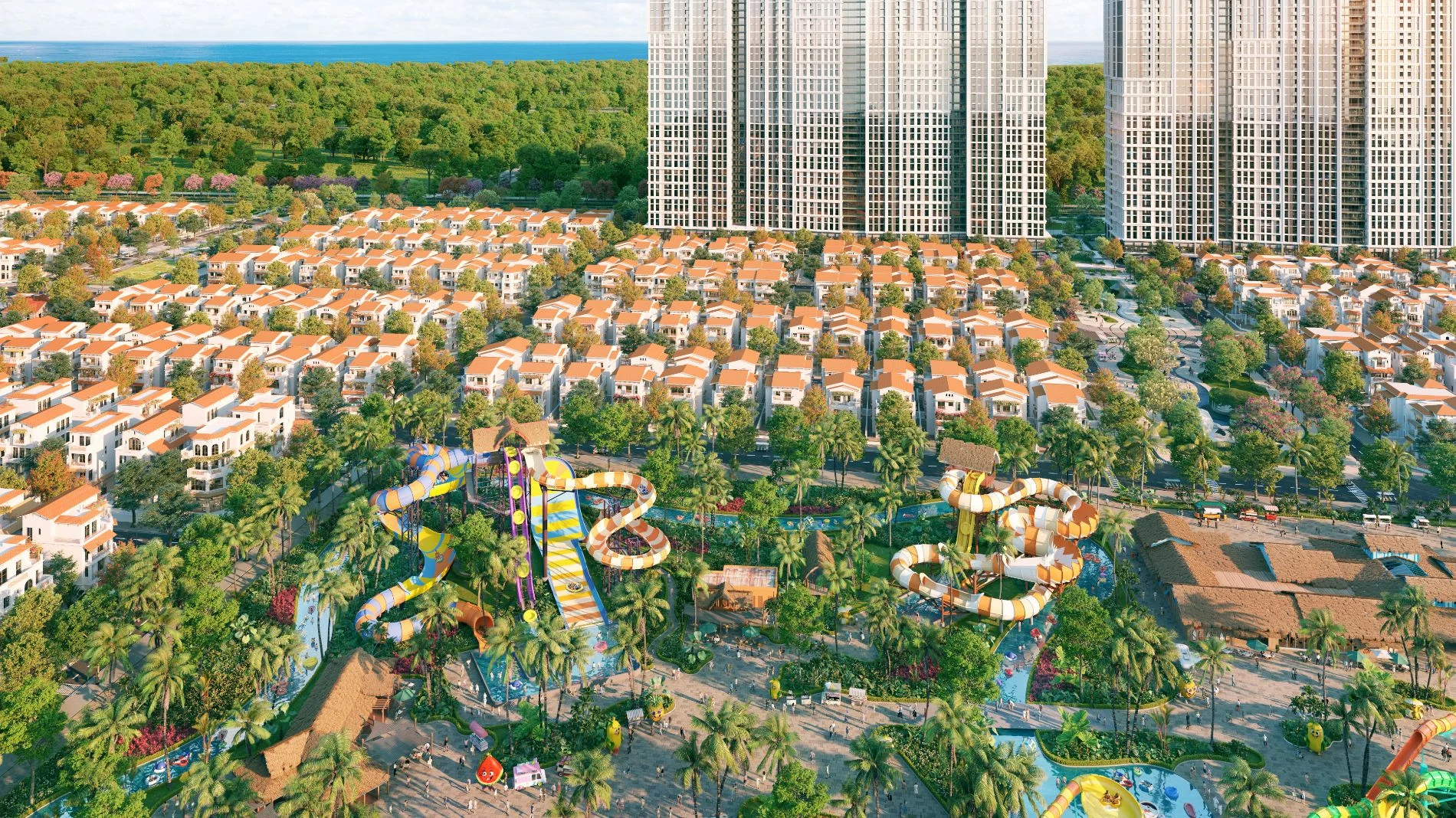 Góc nhìn trên cao cho thấy sự liền kề giữa khu vui chơi giải trí và các dãy biệt thự Casa Villa Đơn Lập mái ngói đỏ.