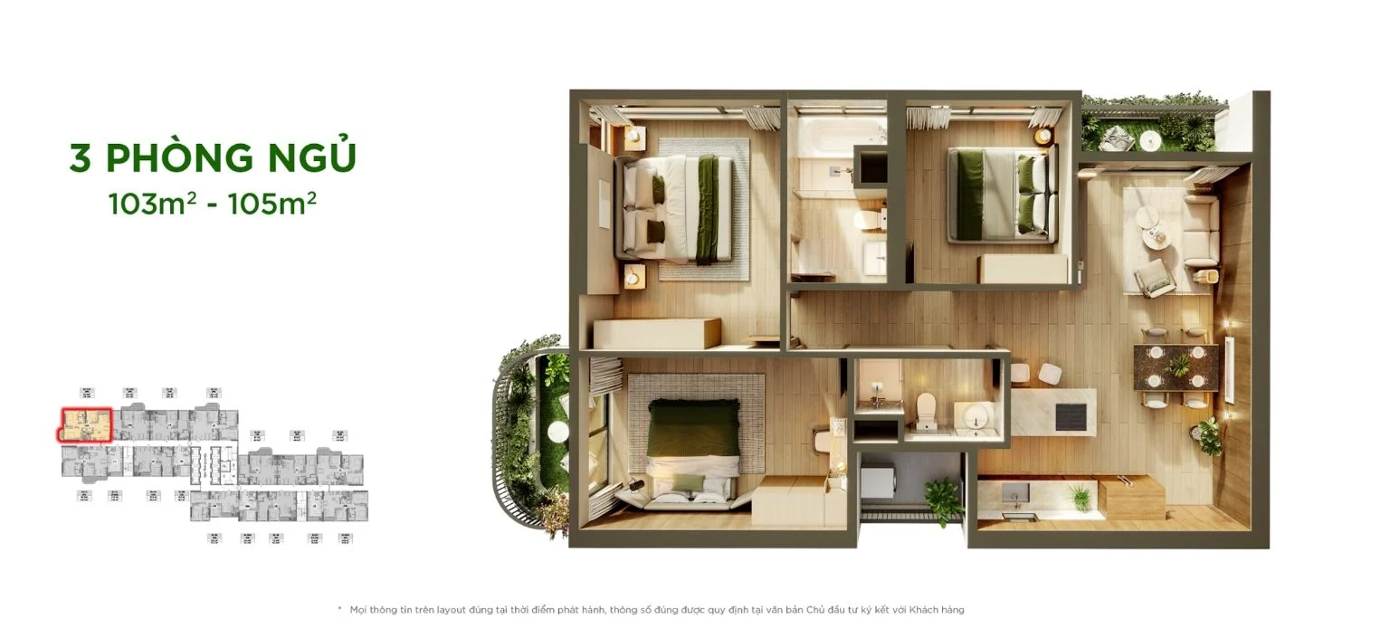 Bản vẽ layout căn hộ 3 phòng ngủ góc 103m2 đến 105m2 Sky Retreat Ecopark