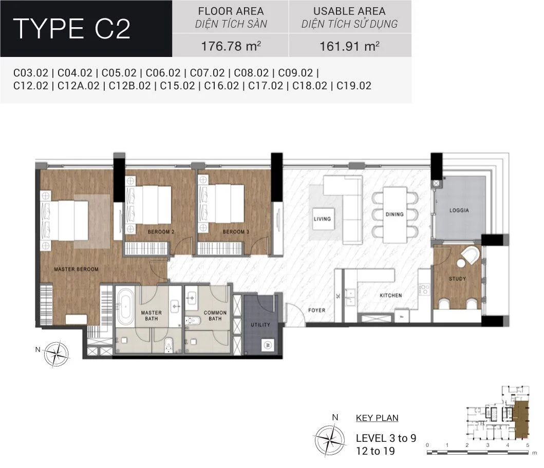 Mặt bằng thiết kế căn hộ 3 phòng ngủ diện tích 176.78 m2 dự án The Berkley Thảo Điền