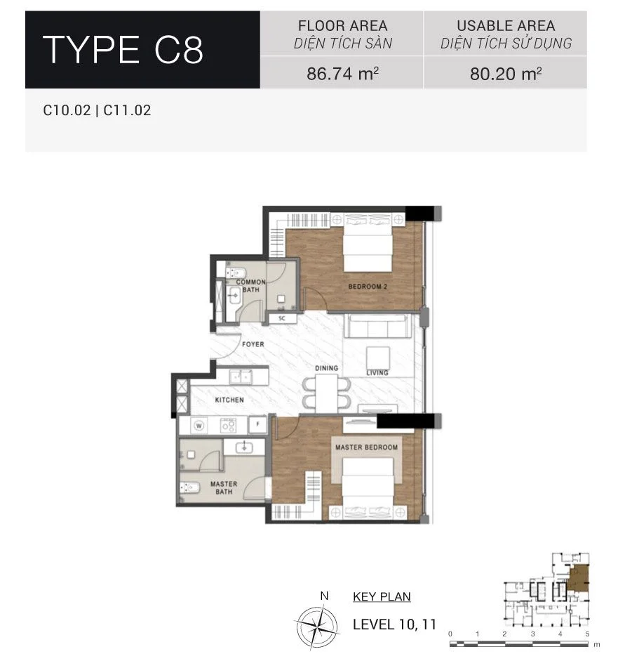 Mặt bằng layout căn hộ The Berkley 2 phòng ngủ Type C8 diện tích 86.74m2