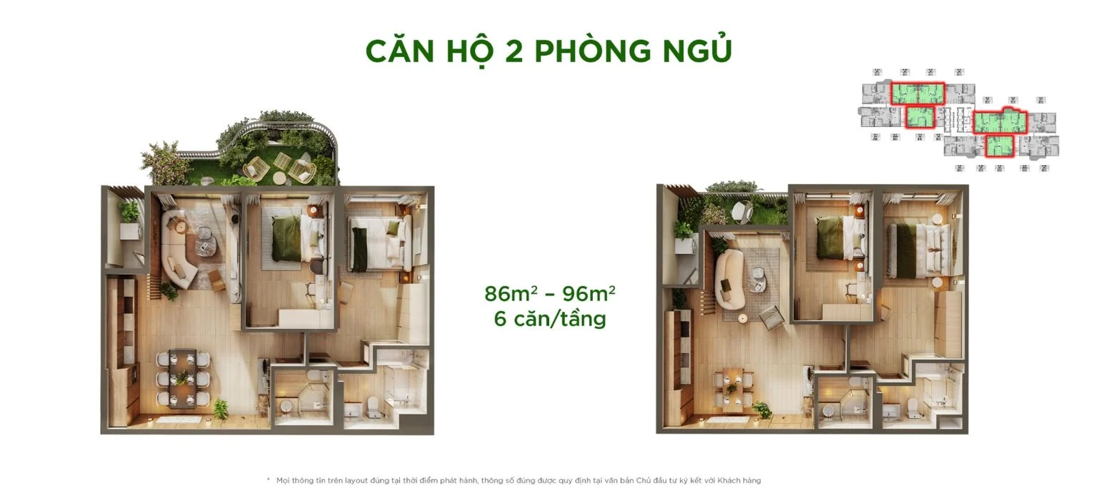 Thiết kế layout căn hộ 2 phòng ngủ Sky Retreat diện tích 86m2 đến 96m2