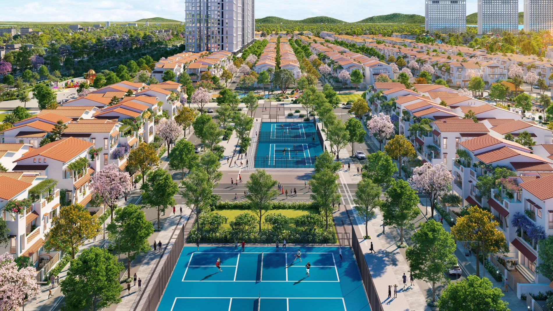 Hai sân tennis mặt cứng màu xanh dương phục vụ nhu cầu thể thao của cư dân Casa Villa Đơn Lập.