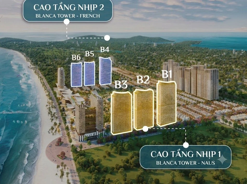 Vị trí 3 tòa tháp B1 B2 B3 thuộc phân khu Blanca Tower Naus nằm sát bờ biển