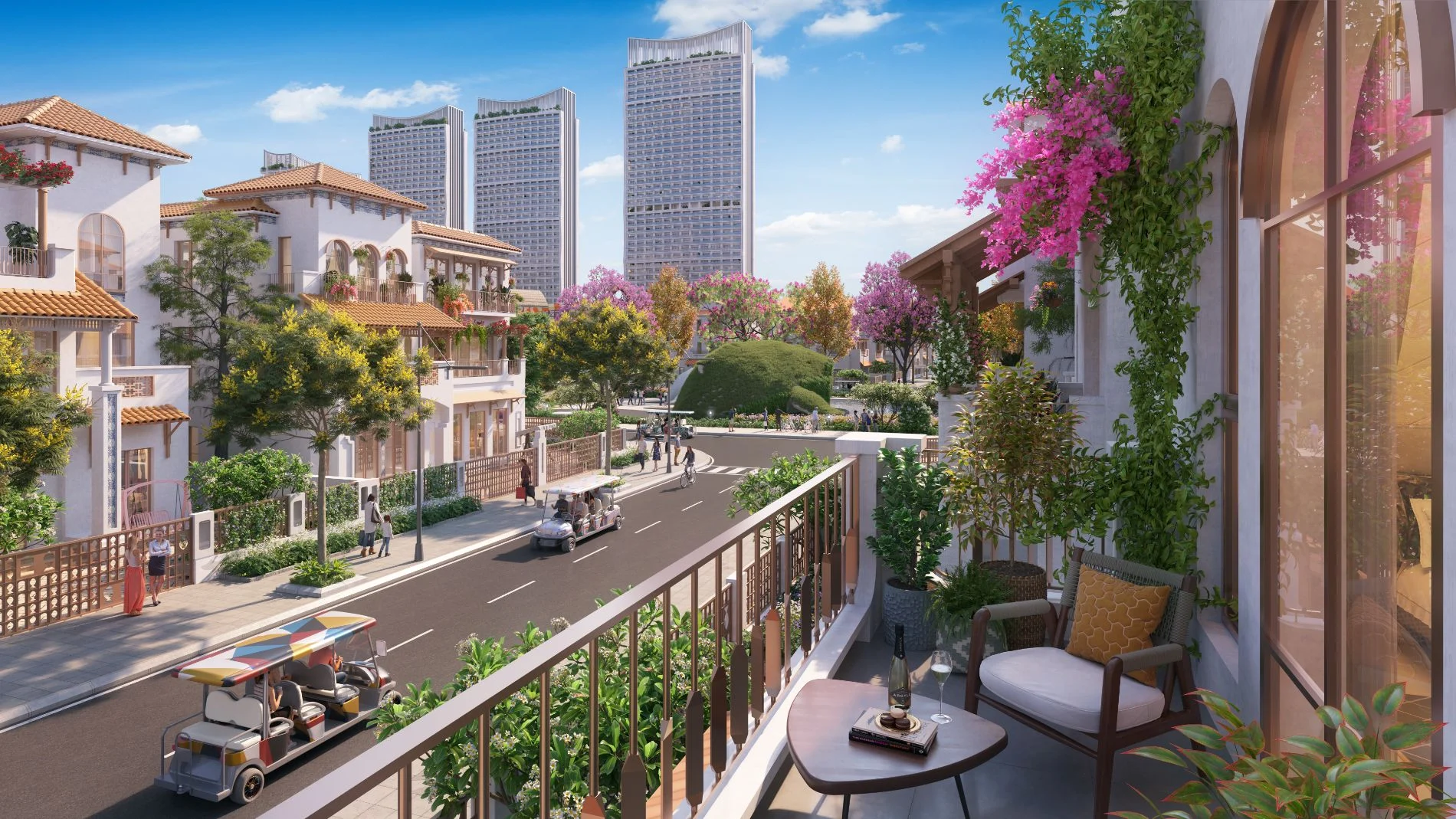 Góc nhìn từ ban công biệt thự Casa Villa xuống tuyến phố nội khu và công viên.