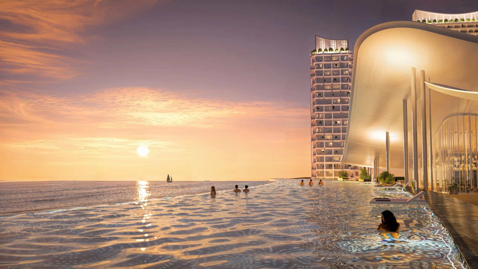 Du khách thư giãn tại hồ bơi vô cực ngắm mặt trời lặn trên biển tại Blanca City