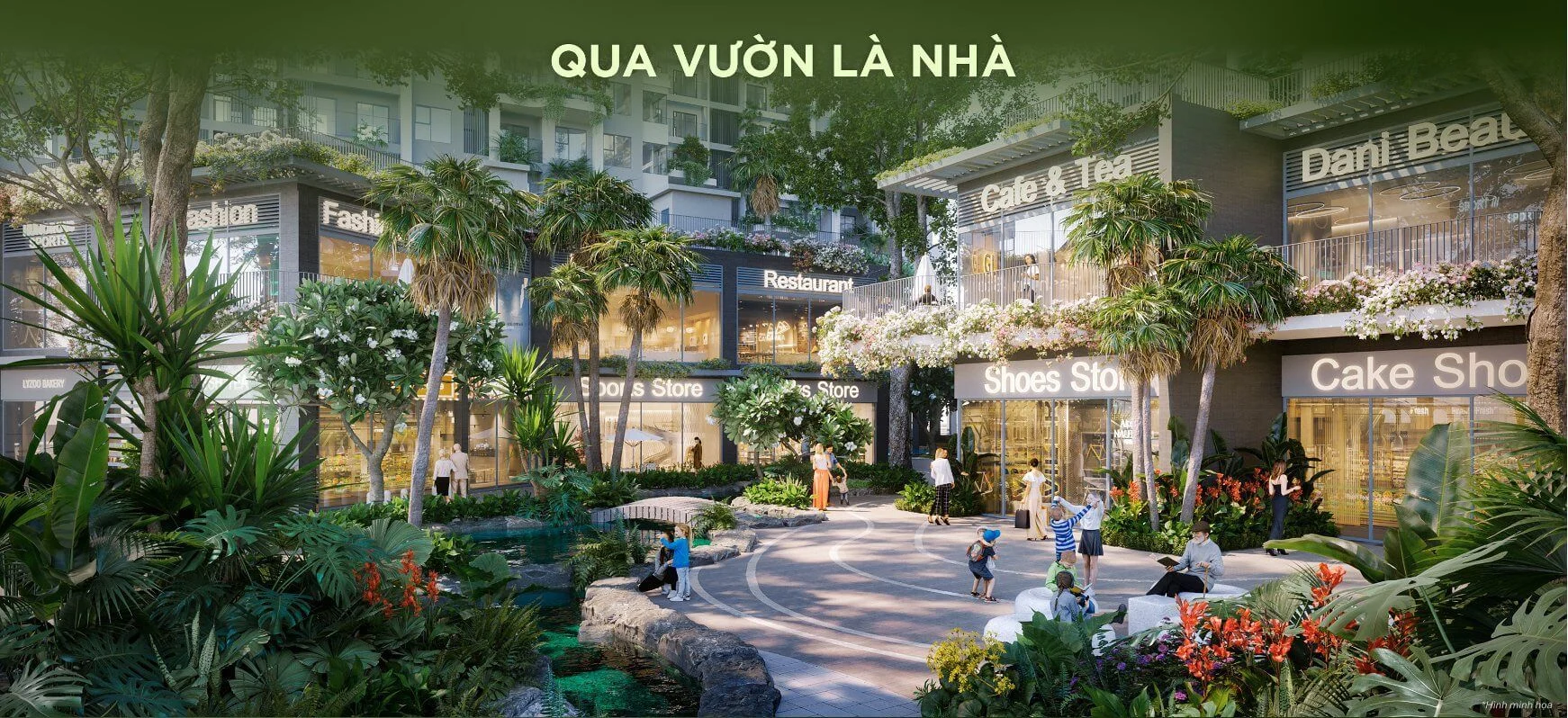 Khách hàng mua sắm và dạo bộ qua dòng suối nhỏ trước các cửa hàng thương mại