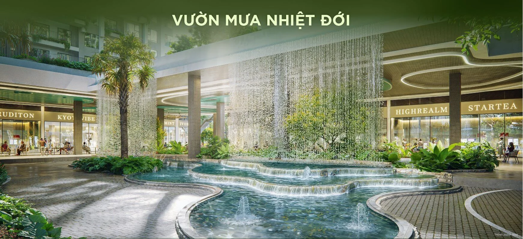 Thác nước nhân tạo và hồ cảnh quan tại khu vực Vườn mưa nhiệt đới