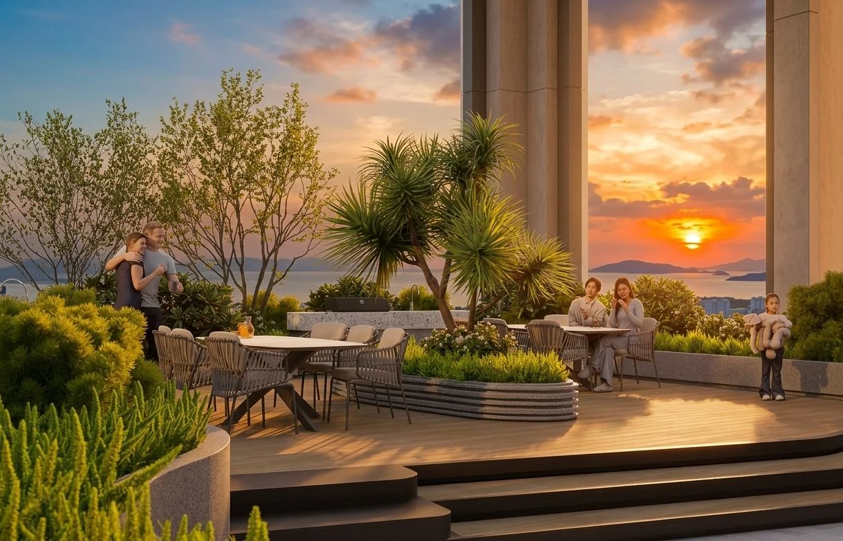 Khu vườn nhiệt đới trên cao với tầm nhìn toàn cảnh vịnh biển lúc hoàng hôn tại Beacon Tower