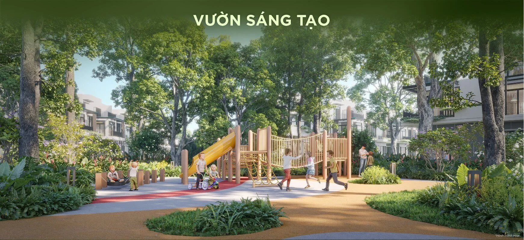 Trẻ em đang chơi đùa tại khu vực cầu trượt và xích đu bằng gỗ